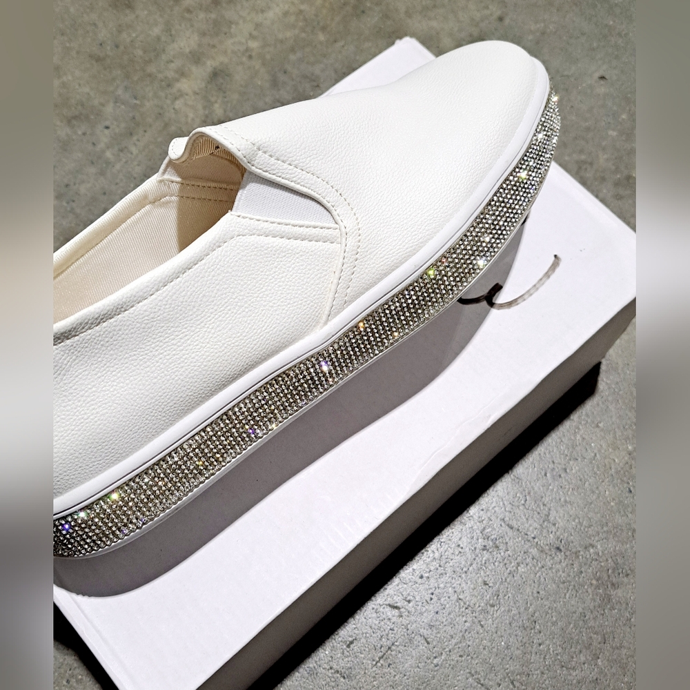Feversole Slip on White Sneakers with Bling - size 9.5
